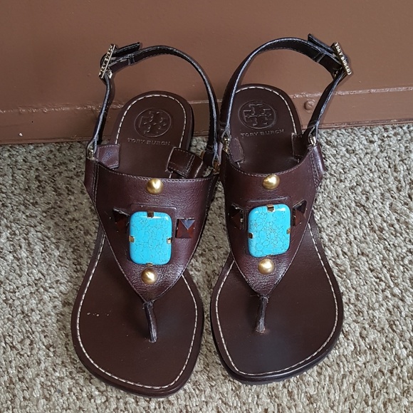 💙Tory Burch Dark Brown Leather Blue Stone💙. - Picture 2 of 6